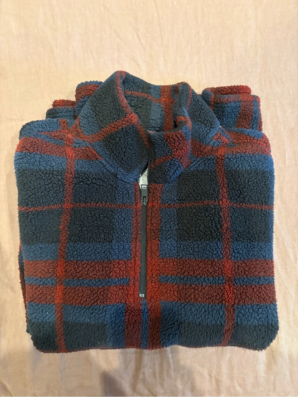 Men's Navy and Burgundy Sherpa Zip-Up Sweater